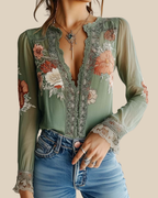 Flora | Geblümte Bluse mit Spitzenbesatz