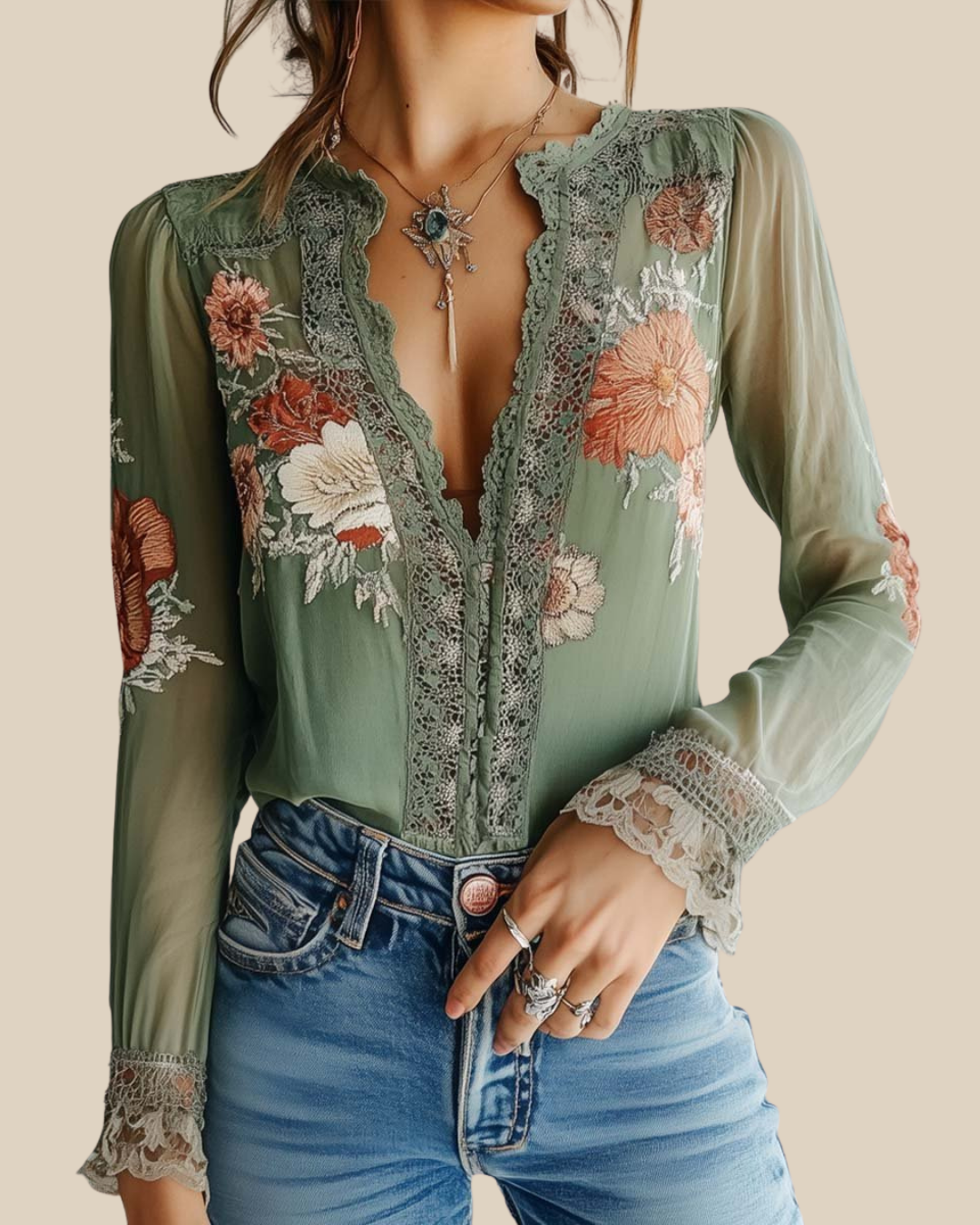 Flora | Geblümte Bluse mit Spitzenbesatz