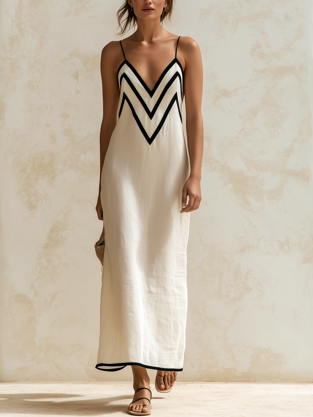 Simona | Langes Leinenkleid im Nachthemd-Stil mit kontrastierenden Details im Fischgrätenmuster