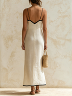 Simona | Langes Leinenkleid im Nachthemd-Stil mit kontrastierenden Details im Fischgrätenmuster