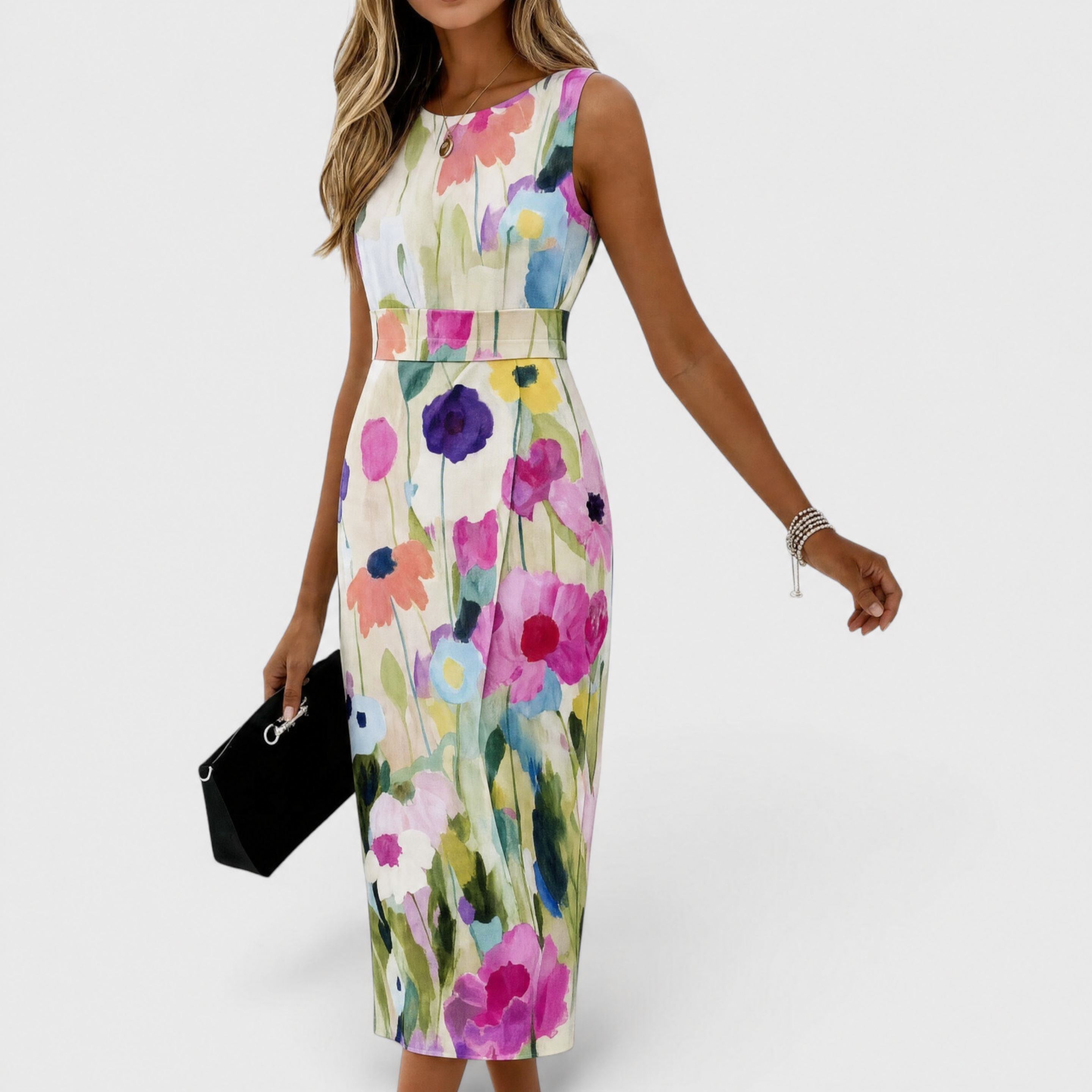 Carmina | Elegantes Midikleid mit Aquarellblumen