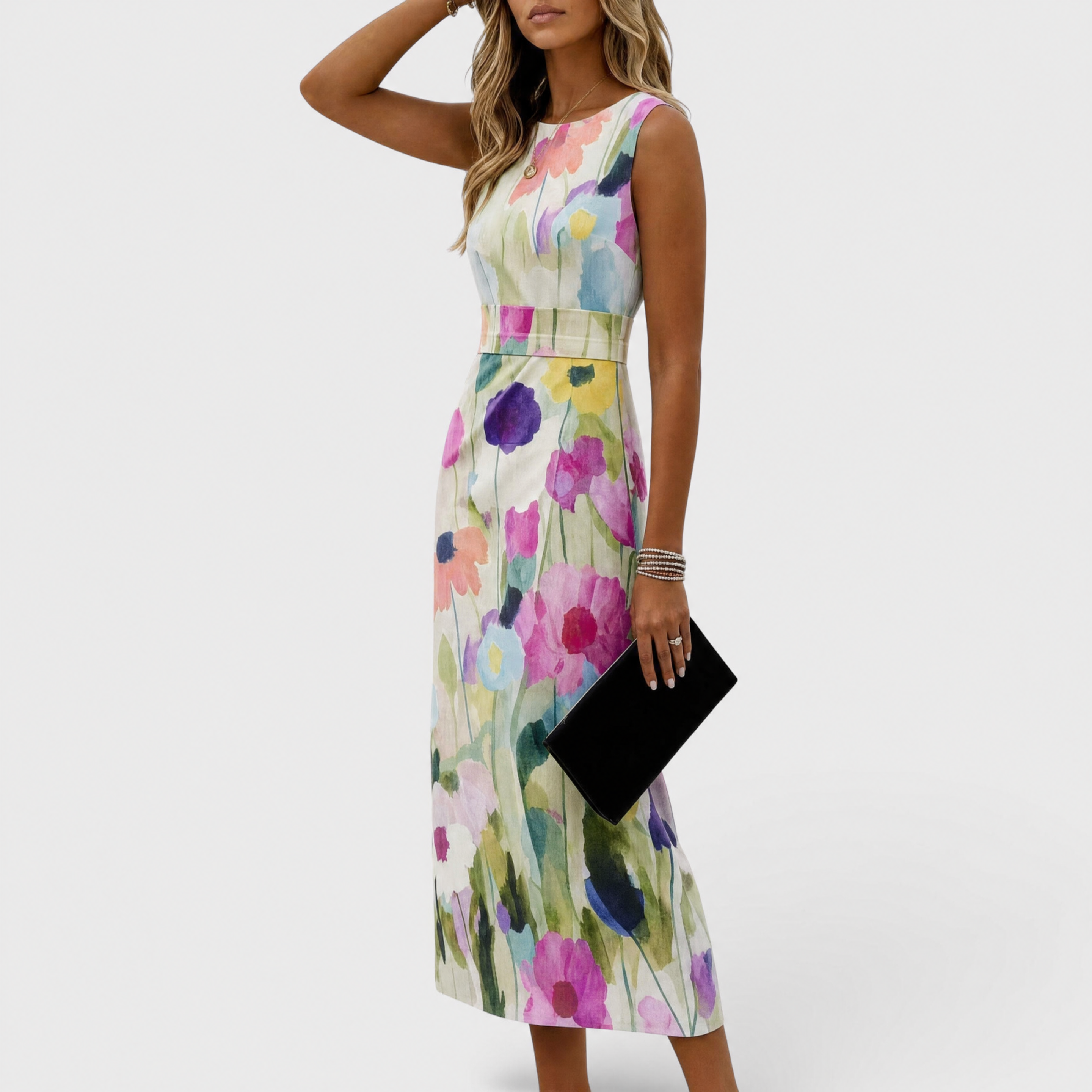 Carmina | Elegantes Midikleid mit Aquarellblumen