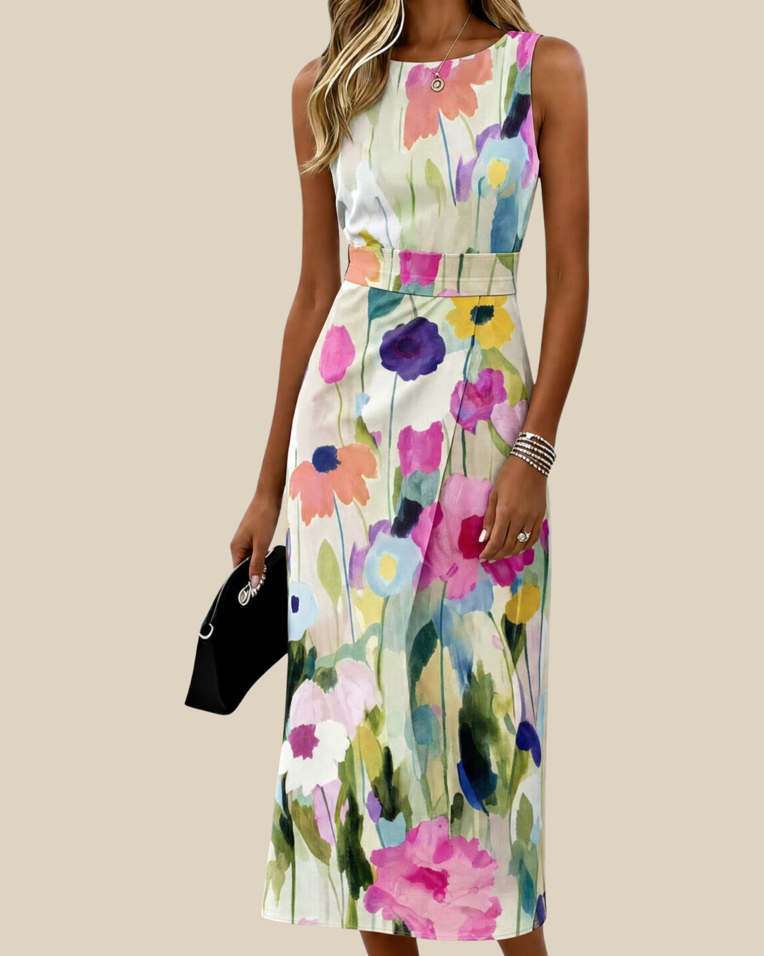 Carmina | Elegantes Midikleid mit Aquarellblumen