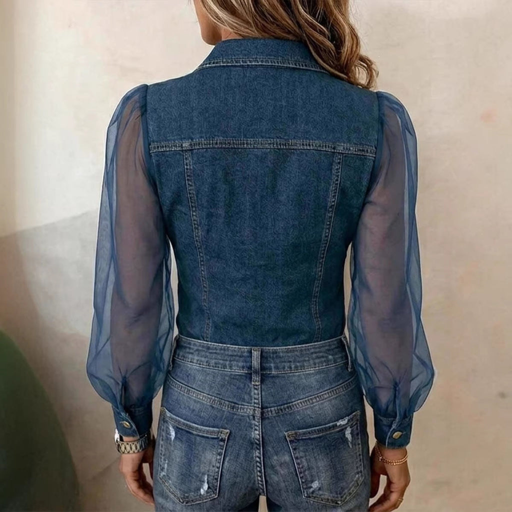 Leia | Bluse in Denimoptik mit transparenten Ärmeln