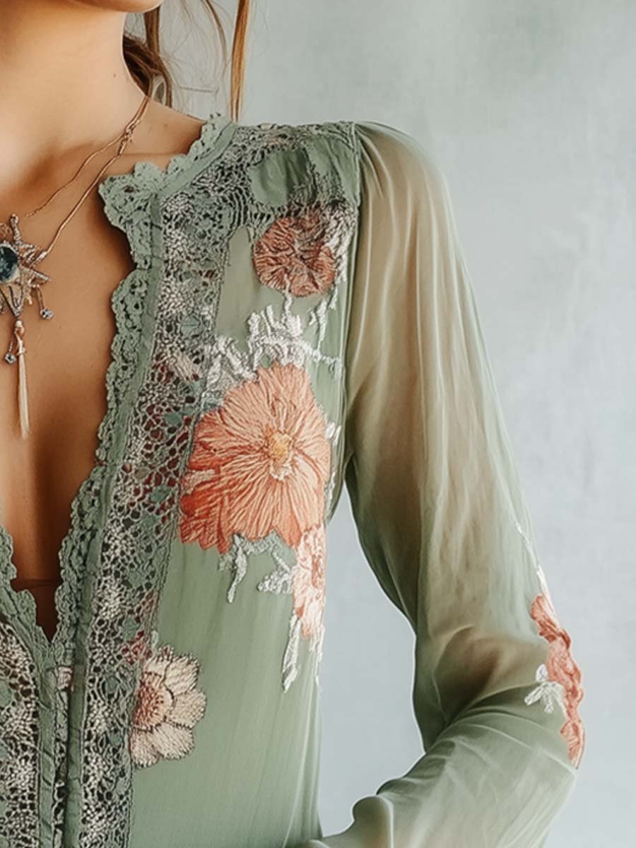 Flora | Geblümte Bluse mit Spitzenbesatz