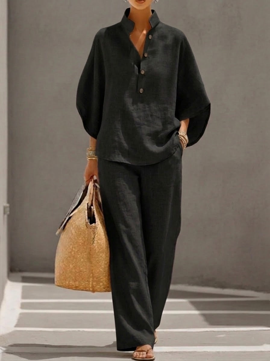 Marianne | Ensemble complet en lin avec manches chauve-souris et pantalon ample