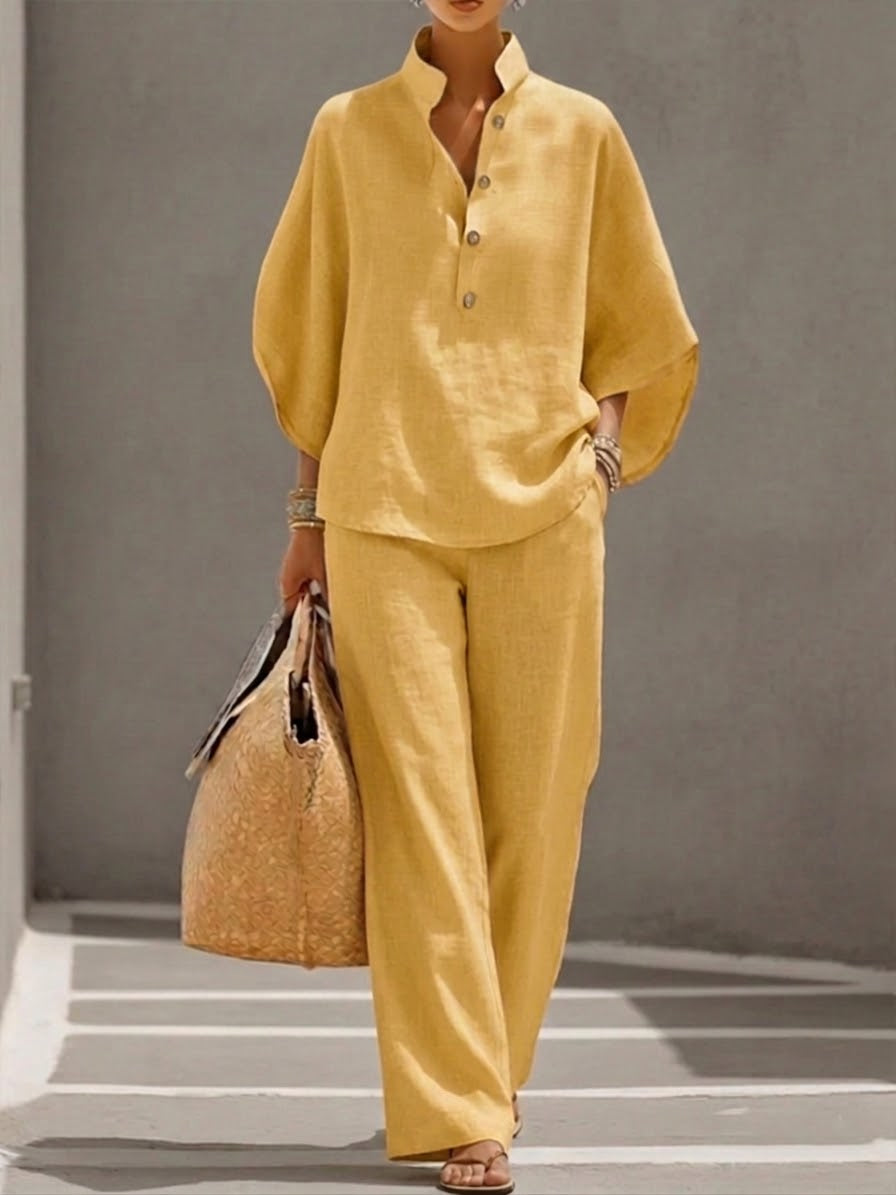 Marianne | Ensemble complet en lin avec manches chauve-souris et pantalon ample