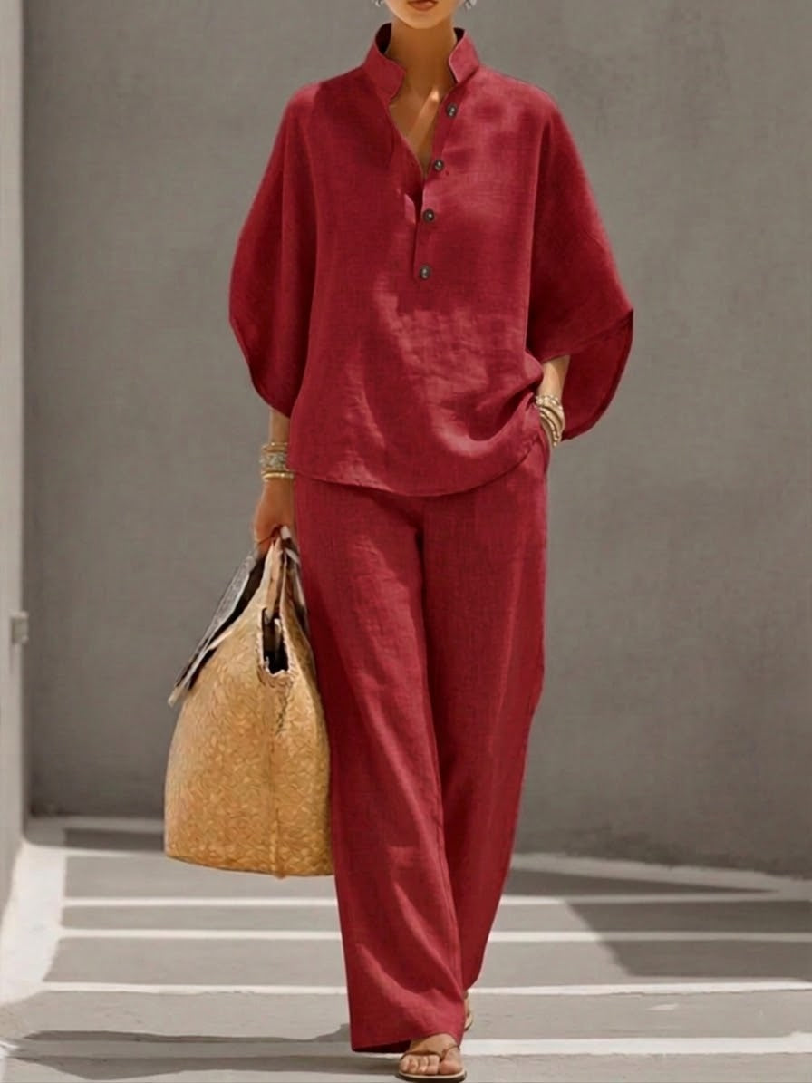 Marianne | Ensemble complet en lin avec manches chauve-souris et pantalon ample