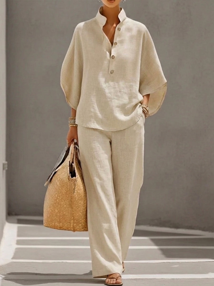 Marianne | Ensemble complet en lin avec manches chauve-souris et pantalon ample