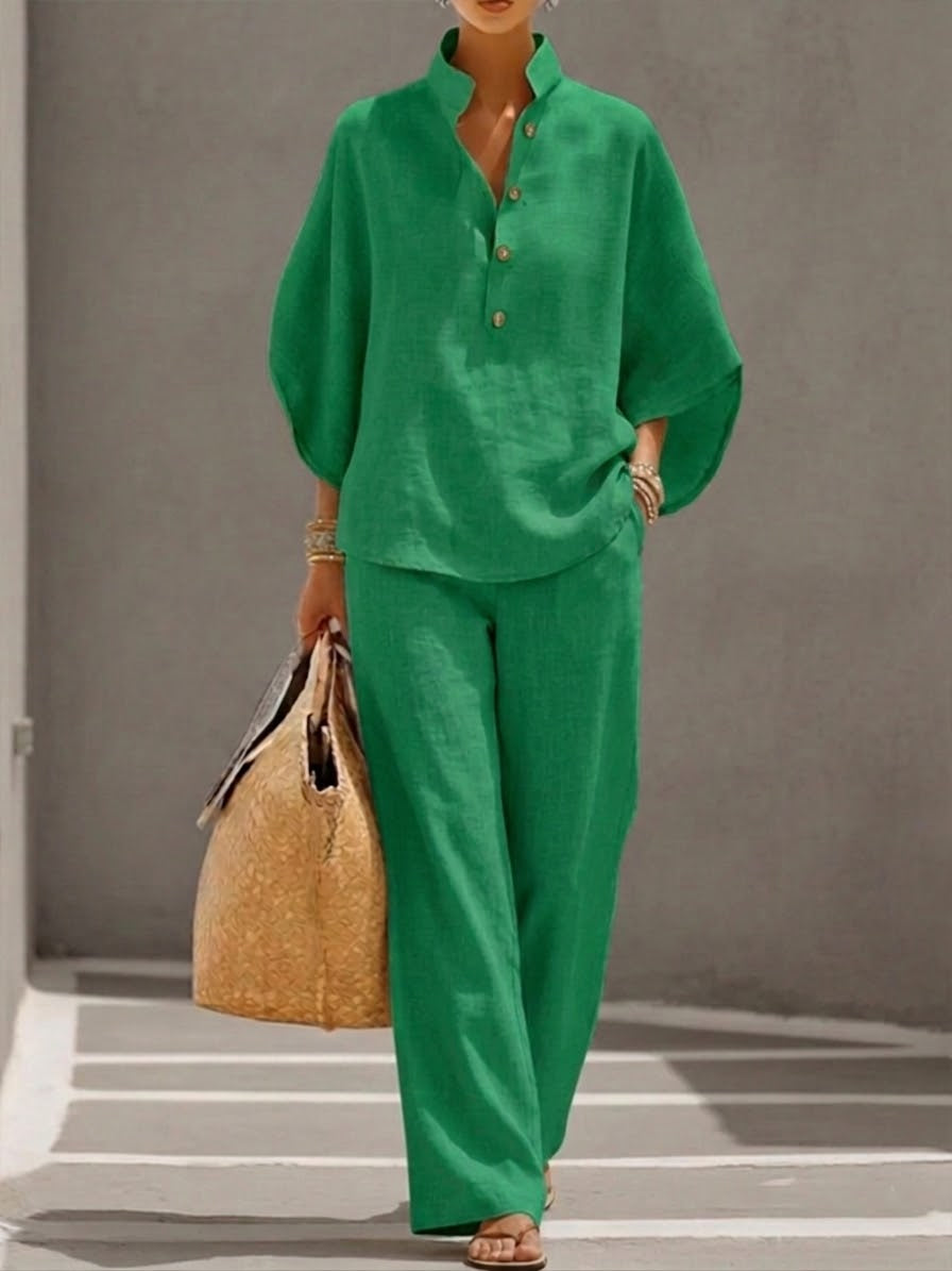 Marianne | Ensemble complet en lin avec manches chauve-souris et pantalon ample